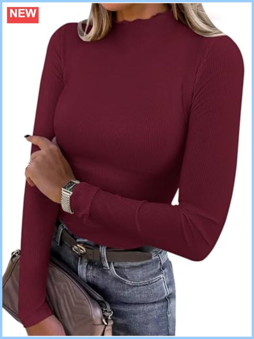Mock Neck Long Sleeve Slim Fit Ribbed Knit Pullover Top